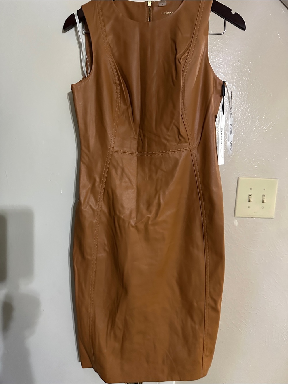 Calvin Klein Cognac Faux Leather Midi Dress